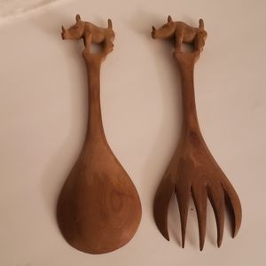 Boar Carved Wooden Salad Tongs